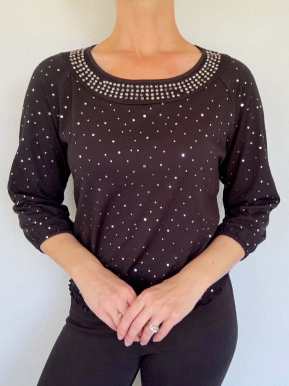 Vintage C.D. Petites black rhinestone stud spandex stretch top size petite small